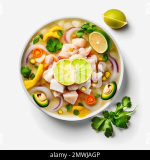 Atemberaubende Ceviche mit weißer Hintergrundfotografie. Betonen Sie die lebendigen Aromen des beliebten lateinamerikanischen Gerichts in einem minimalistischen und raffinierten Stil Stockfoto