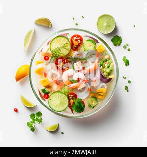 Atemberaubende Ceviche mit weißer Hintergrundfotografie. Betonen Sie die lebendigen Aromen des beliebten lateinamerikanischen Gerichts in einem minimalistischen und raffinierten Stil Stockfoto