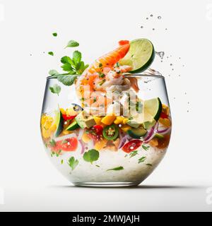 Atemberaubende Ceviche mit weißer Hintergrundfotografie. Betonen Sie die lebendigen Aromen des beliebten lateinamerikanischen Gerichts in einem minimalistischen und raffinierten Stil Stockfoto