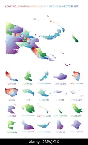 Niedrige Poly-Regionen in Papua-Neuguinea. Polygonale Karte von Papua-Neuguinea mit Regionen. Geometrische Karten für Ihr Design. Fantastische Vektordarstellung. Stock Vektor