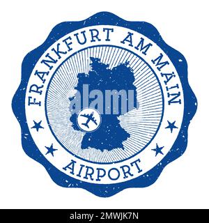 Stempel am Flughafen Frankfurt am Main. Flughafen Frankfurt-am-Main rundes Logo mit Standort auf der deutschen Karte mit Flugzeug gekennzeichnet. Vektordarstellung. Stock Vektor