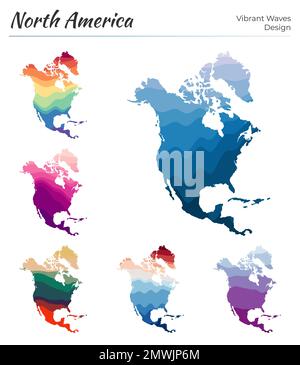 Satz von Vektorkarten von Nordamerika. Leuchtendes Wellendesign. Helle Karte des Kontinents im geometrischen glatten Kurvenstil. Mehrfarbige Karte Nordamerika für Stock Vektor