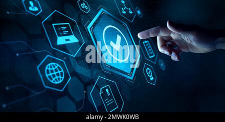 Qualitätsmanagement und Validierungsprozess. Qualitätssicherung (QS), Qualitätskontrolle (QK), Zertifizierungskonzept. Einhaltung von Vorschriften und Standards Stockfoto