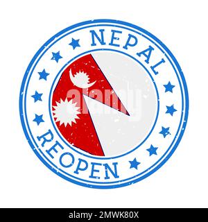 Nepal: Wiedereröffnungsstempel. Rundes Abzeichen des Landes mit der Flagge Nepals. Wiederöffnung nach Lockdown-Zeichen. Vektordarstellung. Stock Vektor