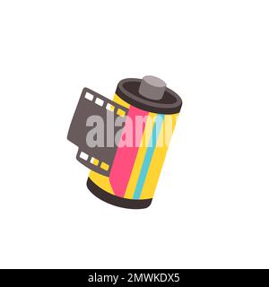 Handgezeichnete Filmrolle für Fotokameras. Retro-Kameratool im Vintage-Look. Zurück in die 80s 90s. Farbiger flacher Vektor isoliert Stock Vektor