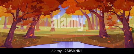 Regen im Herbstwald, Naturlandschaft im Park. Holzhintergrund mit Pfütze, gelbes Gras unter Orangenbäumen mit herabfallenden Blättern und Wasserdusche vom Himmel Vector-Illustration Stock Vektor
