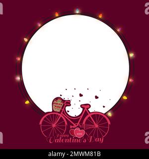 Valentinskarte. Abbildung eines Fahrrads mit Blumen in einem Korb, weihnachtlich beleuchtete Glühlampen Rahmen mit Kopierbereich zum Hinzufügen von Text. Vektor. C Stock Vektor