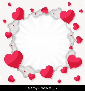 Frohe Valentinstagsgrüße. Papiergeschnittene Wolken mit roten Herzen auf weißem Hintergrund. Papierschnitt. Platz für Text Stock Vektor