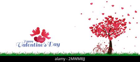 Hintergrund zum Valentinstag mit herzförmigen Bäumen und einem Fahrrad mit Liebesvögeln. Vektordarstellung. Stock Vektor