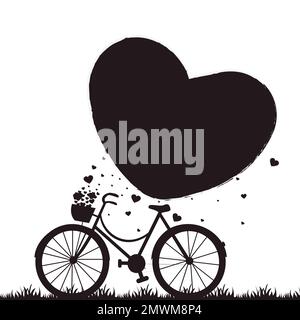 Frohe Valentinstagsgrüße. Abbildung eines Fahrrads mit einer Silhouette, bei der das Herz aus dem Fahrradkorb fliegt und das große Herz auf weißem Hintergrund. Stock Vektor