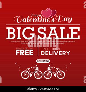 Poster oder Banner mit Herz und Zyklus auf rotem Hintergrund zum Valentinstag. Für Werbeaktionen und Shopping-Vorlagen. Stock Vektor