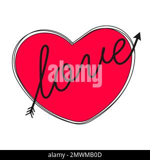 Alles Liebe zum Valentinstag. Rotes Herz durchstochen mit Liebespfeil isoliert auf weißem Hintergrund. Pfeil durchbohrtes Herz. Stock Vektor