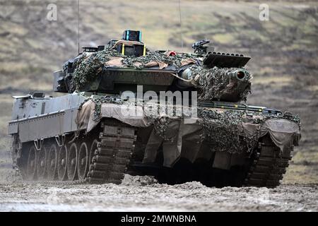 Augustdorf, Deutschland. 01. Februar 2023. Ein Leopard 2A6 vom Panzerbataillon 203 fährt über das Senner Militärgelände. Nach der Entscheidung der deutschen Regierung, 14 Leopard-2-Panzer an die Ukraine zu liefern, will der Minister mehr über die Leistung des Waffensystems erfahren. Kredit: Federico Gambarini/dpa/Alamy Live News Stockfoto