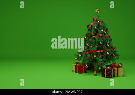 die 3D-Darstellung des Weihnachtsbaums mit Gegenständen isoliert auf grünem Hintergrund. Stockfoto