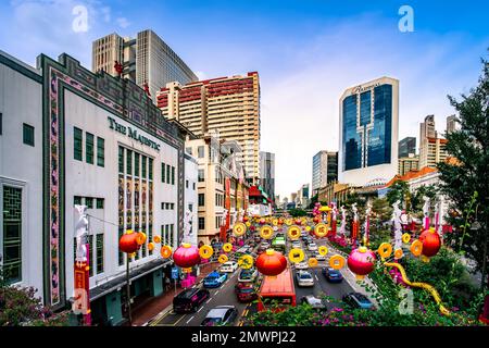 Wunderschöne Stadtlandschaft rund um Chinatown in Singapur. Stockfoto