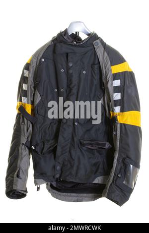 Schwarze gelbe Jacke Enduro Motorrad Lifestyle Adventure Touring Stockfoto