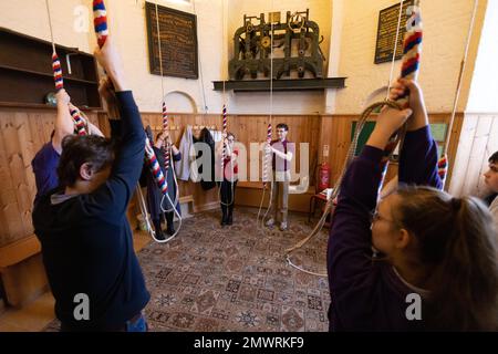 Mitglieder der Young Change Ringer Association (YCRA), einer neuen Generation von Campanologen, die in der St. Mary's Church in Islington, London, Großbritannien, Glockenläuten Stockfoto