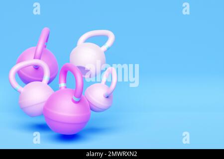 Training rosa Gewichte auf blauem isoliertem Hintergrund. Kurzhanteln, Kugelhantel. Stockfoto