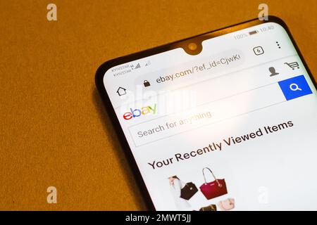 EBay, Smartphone auf dem Bildschirm. Nahaufnahme mobiler Anwendungen für Shopping und E-Commerce. Kiew, Ukraine - 11. November 2019 Stockfoto