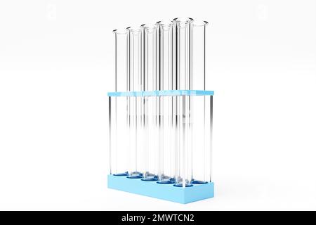 3D Darstellung von Glasgeräten mit Flüssigkeiten für die Laboranalyse, isoliert auf einem цршеу-Hintergrund. Kolben mit einer durchsichtigen Flüssigkeit mit Reflexionen Stockfoto