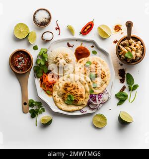 Pupusas auf weißem Hintergrund-Nahrungsmittelfotografie. Hochwertige Bilder halten die traditionellen Aromen und Texturen dieses beliebten Street Food in einem modernen Ambiente fest Stockfoto