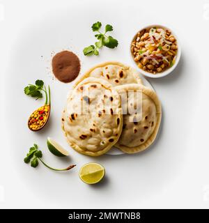 Pupusas auf weißem Hintergrund-Nahrungsmittelfotografie. Hochwertige Bilder halten die traditionellen Aromen und Texturen dieses beliebten Street Food in einem modernen Ambiente fest Stockfoto