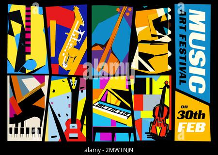 Musik- und Kunstfestival. Vektordarstellung einer Reihe abstrakter Jazzhintergründe mit Musikinstrumenten. Gitarre, Klavier, Saxophon und Geige. Stock Vektor