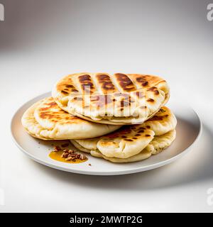 Pupusas auf weißem Hintergrund-Nahrungsmittelfotografie. Hochwertige Bilder halten die traditionellen Aromen und Texturen dieses beliebten Street Food in einem modernen Ambiente fest Stockfoto