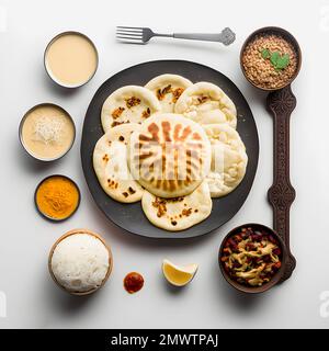 Pupusas auf weißem Hintergrund-Nahrungsmittelfotografie. Hochwertige Bilder halten die traditionellen Aromen und Texturen dieses beliebten Street Food in einem modernen Ambiente fest Stockfoto