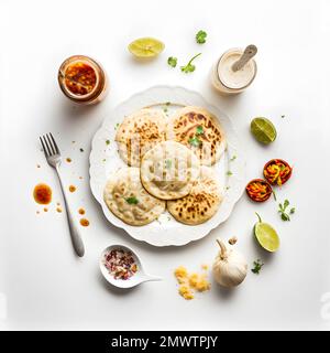 Pupusas auf weißem Hintergrund-Nahrungsmittelfotografie. Hochwertige Bilder halten die traditionellen Aromen und Texturen dieses beliebten Street Food in einem modernen Ambiente fest Stockfoto