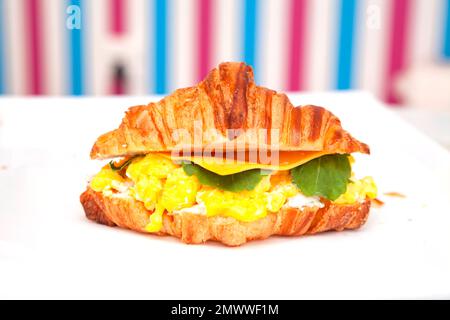 Frühstücksbrioche-Croissant-Sandwich mit Rührei-Füllkäse und Raketenblatt. Stockfoto
