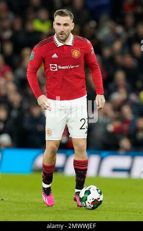 Manchester, England, 1. Februar 2023. Luke Shaw von Manchester United während des Carabao-Cup-Spiels in Old Trafford, Manchester. Das Bild sollte lauten: Andrew Yates/Sportimage Stockfoto