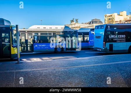 Blick auf EMT Blue Busse, die am Busbahnhof Atocha in Madrid, Spanien, warten Stockfoto