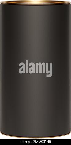 Schwarzes Kraftpapierröhrenpaket mit goldenem Deckelmodell auf Weiß. Unbedruckter Karton, kreisförmig, mit Textur. Zylindrischer Behälter mit Verschluss für Produkt-BH Stock Vektor