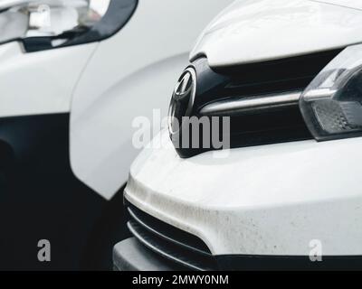 Straßburg, Frankreich - 31. Januar 2023: Chrom-Logo der japanischen Marke Toyota auf einem weißen Lieferwagen Stockfoto