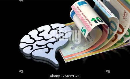 Wissen ist Kapital - Gehirnsymbol auf Euro-Scheinen Stockfoto