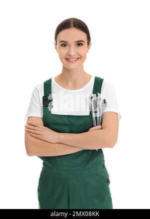 Porträt eines professionellen Automechanikers mit Schraubenschlüsseln auf weißem Hintergrund Stockfoto