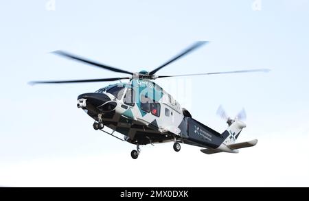 Kent Surrey und Sussex Air Ambulance G-KSSC AW169 landen am Brighton City Airport. Stockfoto