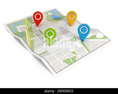 Mehrfarbige Markierungen auf der Navigationskarte. 3D Abbildung. Stockfoto