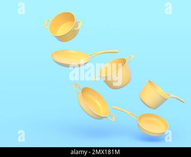 Set aus fliegendem Stewpot aus Edelstahl, Bratpfanne und Kochgeschirr aus verchromtem Aluminium auf monochromem Hintergrund. 3D Render von antihaftbeschichtenden Küchenutensilien Stockfoto