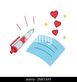 Liebesbrief, Notiz-Illustration. Valentinstag-Symbol. Vektorgrafik im Kritzelstil, handgezeichnet. Liebeskorrespondenz-Konzept. Liebesnotiz und Stift. Stock Vektor