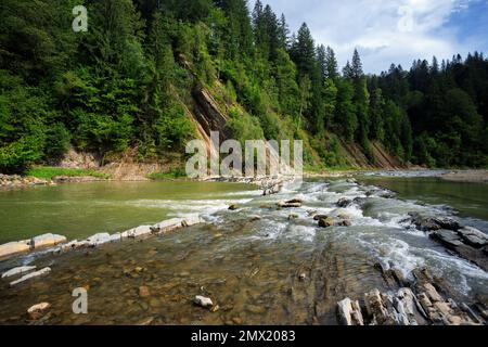 Schwelle eines Bergflusses, zwischen Bergen und Bäumen Stockfoto