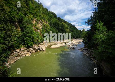 Ein Bergfluss mit Steinbänken, zwischen Bergen und Bäumen Stockfoto