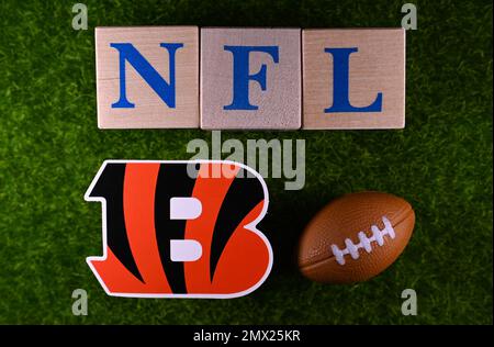 27. Januar 2023, Canton, USA. Das Emblem des Fußballclubs Cincinnati Bengals auf dem grünen Rasen des Stadions. Stockfoto