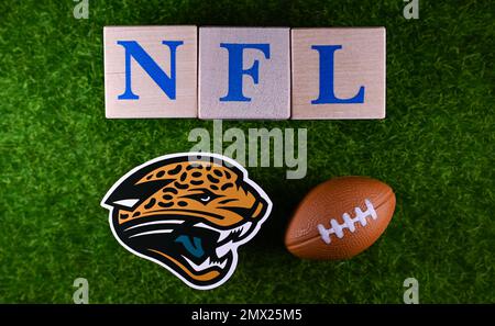 27. Januar 2023, Canton, USA. Das Emblem des Jacksonville Jaguars Fußballclubs auf dem grünen Rasen des Stadions. Stockfoto