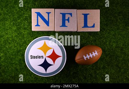 27. Januar 2023, Canton, USA. Das Emblem des Fußballclubs Pittsburgh Steelers auf dem grünen Rasen des Stadions. Stockfoto