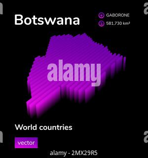 Karte von Botswana 3D. Die stilisierte isometrische Neonvektorkarte von Botswana ist violett und rosa auf schwarzem Hintergrund Stock Vektor