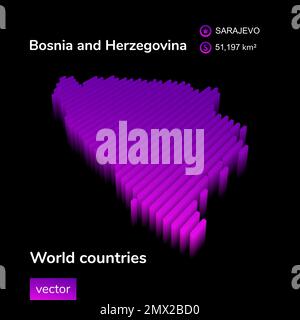 Karte Bosnien 3D. Stilisierte digitale isometrische Vektorkarte mit Neonstreifen in violetten und rosafarbenen Farben auf schwarzem Hintergrund Stock Vektor