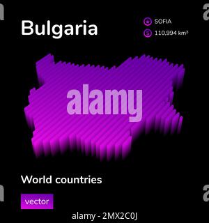 Landkarte Bulgarien 3D. Stilisierte digitale isometrische Vektorkarte mit Neonstreifen in violetten und rosafarbenen Farben auf schwarzem Hintergrund Stock Vektor