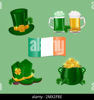 Traditionelle Symbole für St. Patricks Tag. Irlandflagge, Leprechaun-Hut, frisches Bier, grünes Ale, Topf mit Gold, shamrock Klee. Vektorsymbole festgelegt. Stock Vektor